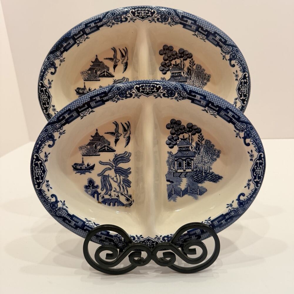 CHURCHILL Blue Willow Oval Divided Vegetable Dish Set Of 2